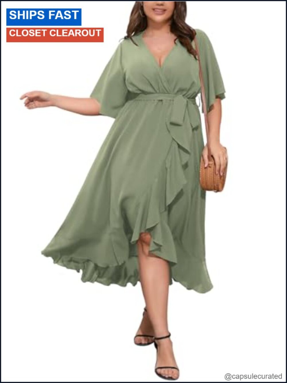 Plus Size Maxi Dress V-Neck Short Sleeve Faux Wrap High Slit Wedding Guest